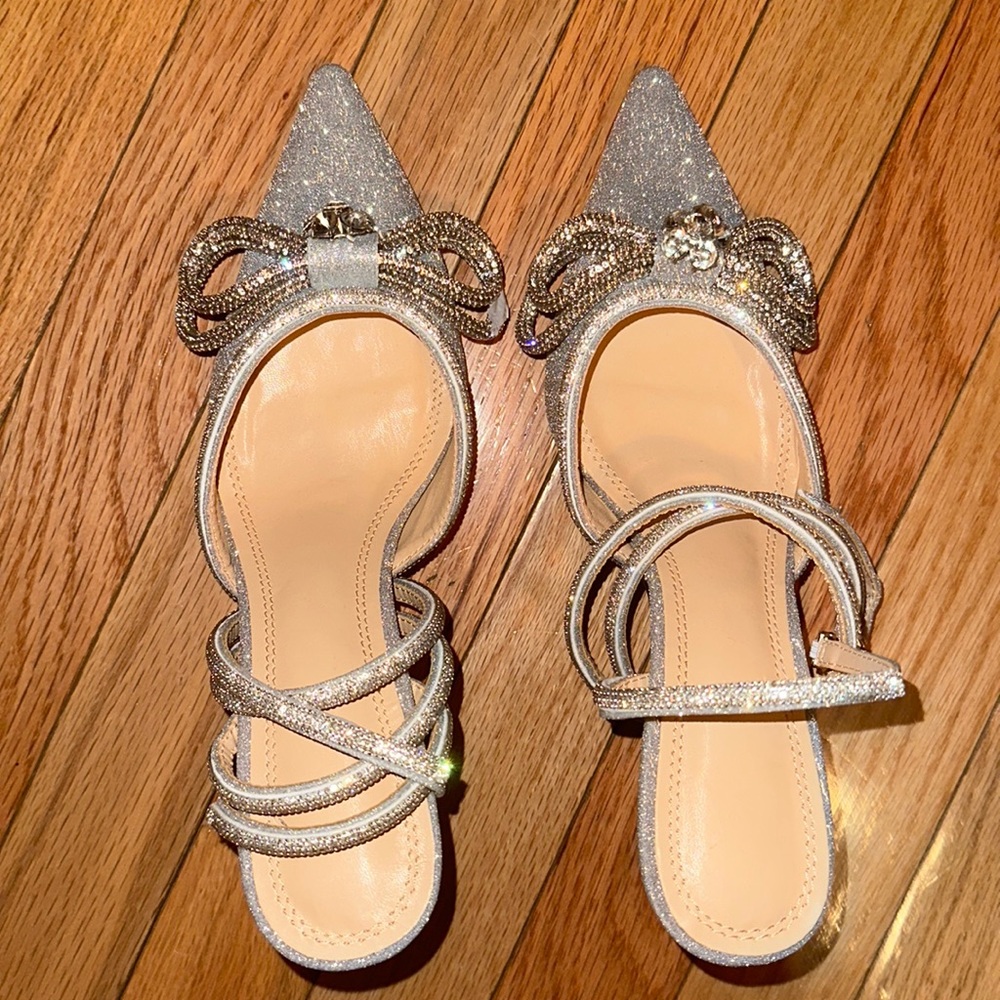 Silver Glitter Wrap Around Bow Heels